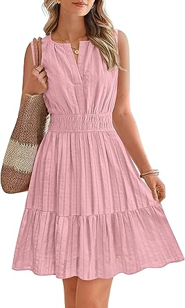 BTFBM Mini Dresses for Women 2026 Summer Sleeveless V Neck Elastic Waist Beach Vacation Sundress Boho Casual Dress Pockets
