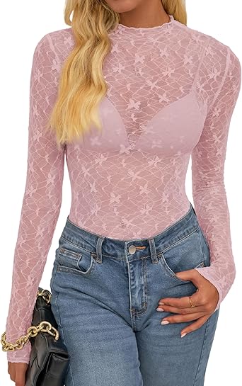 BTFBM Lace Tops for Women 2025 See Through Mesh Top Crew Neck Long Sleeve Fitted Sheer Party Club Outfits Fall Fashion