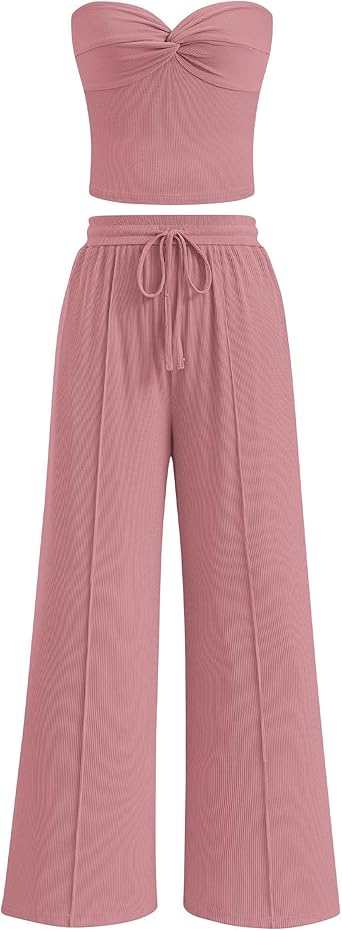 BTFBM Two Piece Sets For Women Summer Ribbed Strapless Twist Knot Tube Top Pants Set Casual 2026 Beach Vacation Outfits