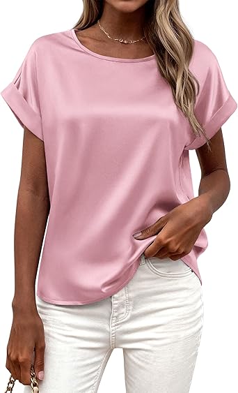 BTFBM Womens Summer Tops 2026 Satin Silk Crewneck Short Sleeve Shirts Work Business Outfits Spring Blouses Dressy Casual