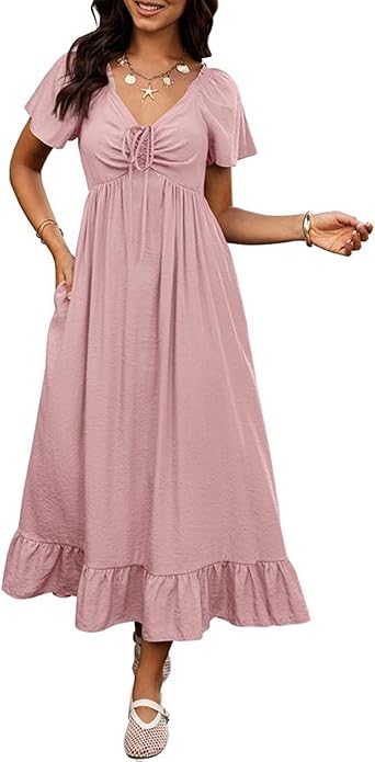 BTFBM Womens Spring Dresses 2025 Casual Short Sleeve V Neck Drawstring Wedding Guest Maxi Dresses Boho Beach Long Dress