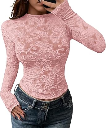 BTFBM Mesh Long Sleeve Tops for Women Lace Sexy Sheer Tight See Through Crew Neck Spring Fall 2026 Party Club Outfits
