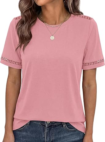 BTFBM Womens Summer Tops Lace Short Sleeve Shirts 2026 Spring Casual Loose Crew Neck Cotton Knit Cute Business Blouses