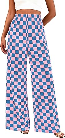 BTFBM Womens Gingham Palazzo Pants Casual Wide Leg High Waisted Lounge Pajama Trousers with Pockets Summer Outfits