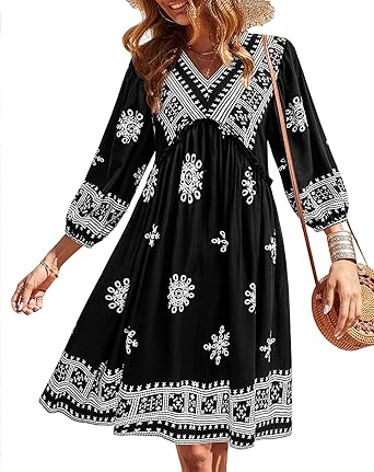BTFBM Women Casual Spring Summer Dresses V Neck 3/4 Long Sleeve Ruffle Floral Flowy Boho Babydoll Mini Short Beach Dress