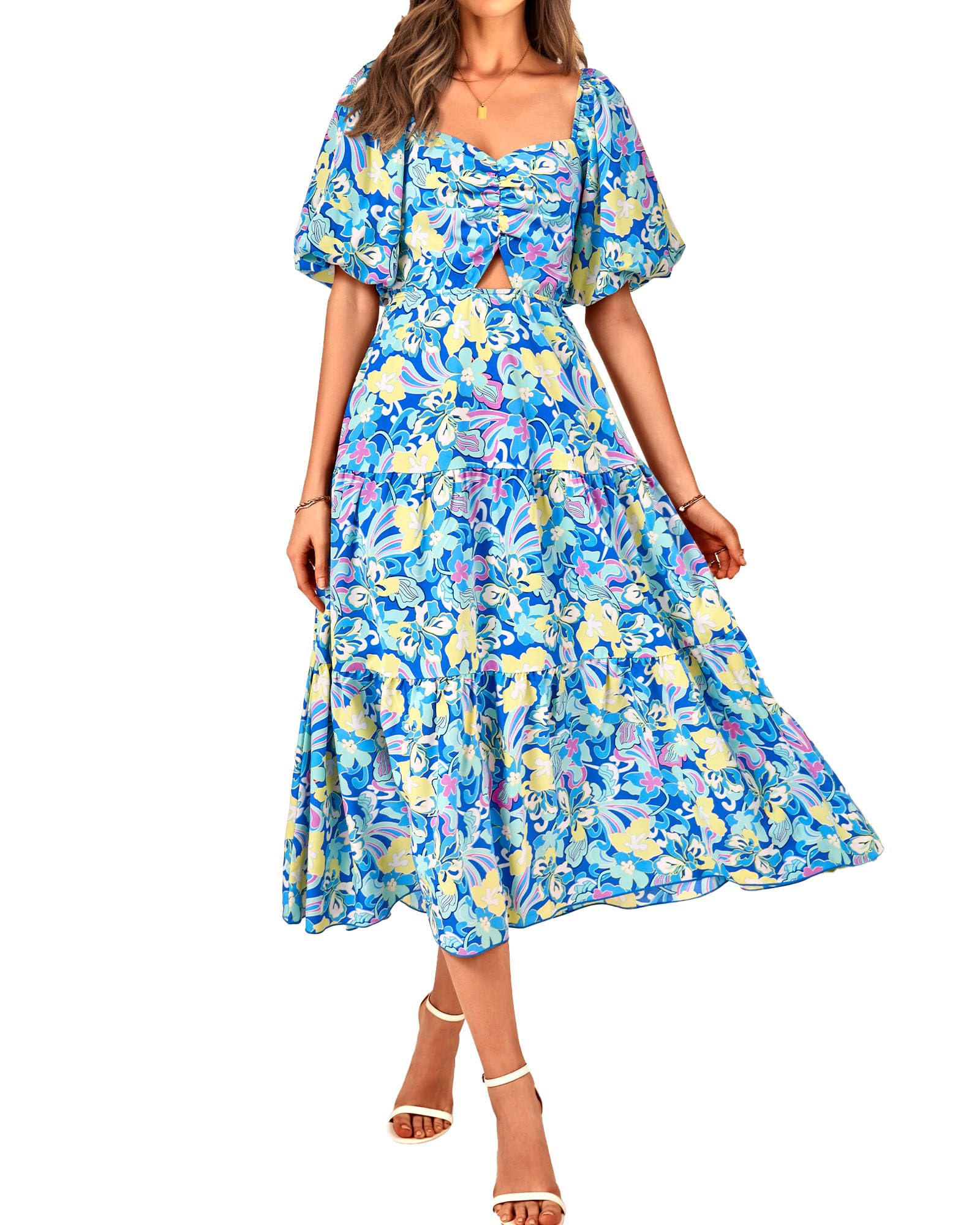 BTFBM Summer Dresses for Women 2026 Spring Outfits Beach Vacation Short Sleeve Smocked Boho Casual Floral Maxi Dress