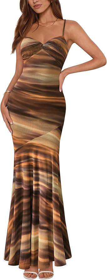 BTFBM Summer Dresses for Women 2026 Spaghetti Straps Sundress Twist Knot Mesh Mermaid Wedding Guest Dress Beach Vacation