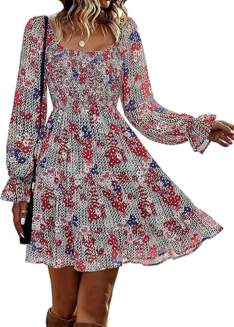 BTFBM Womens Long Sleeve Dress Vacation Square Neck Smocked Floral Swiss Dot Mini Boho Spring Wedding Guest Dresses 2026