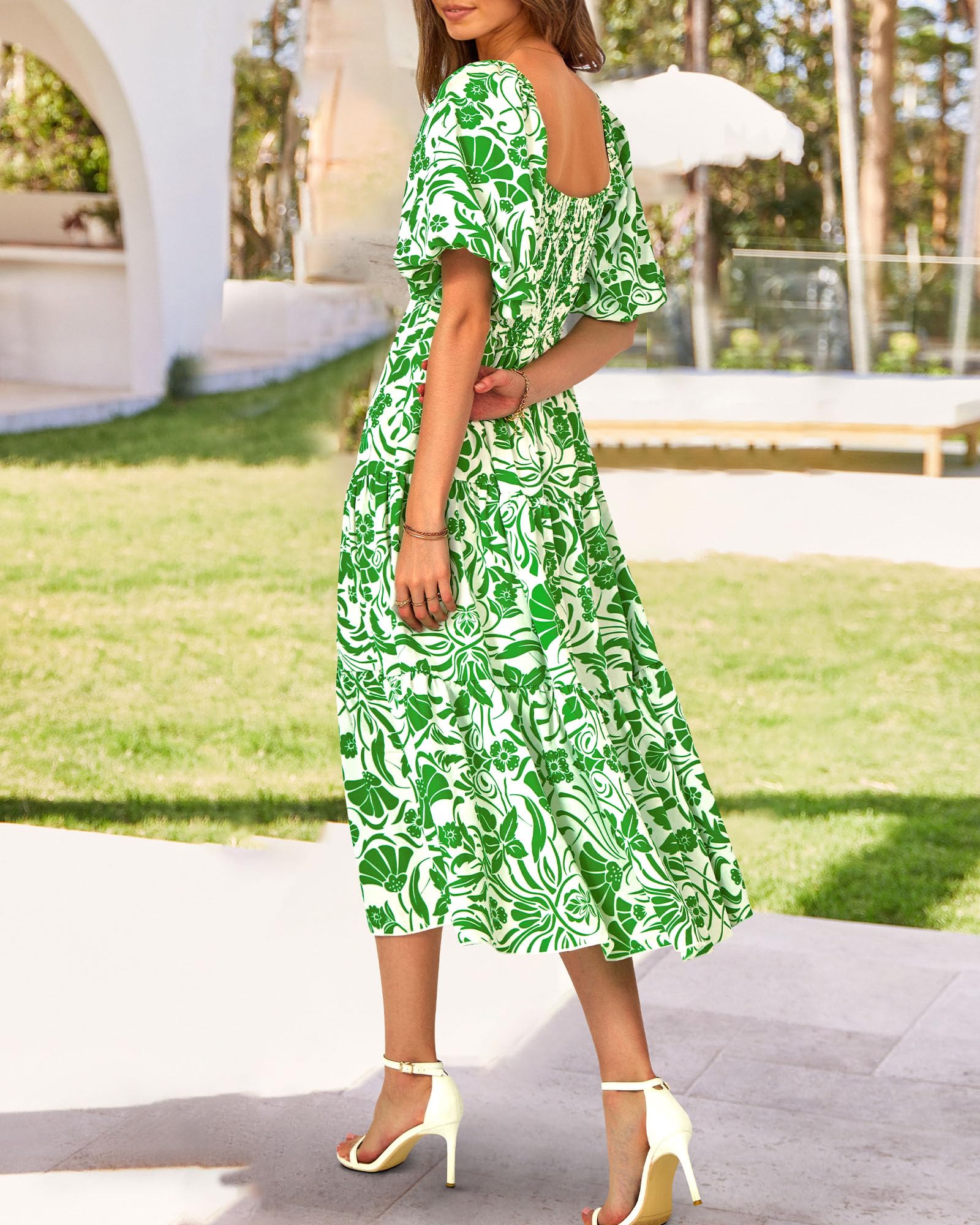 BTFBM Summer Dresses for Women 2026 Spring Outfits Beach Vacation Short Sleeve Smocked Boho Casual Floral Maxi Dress