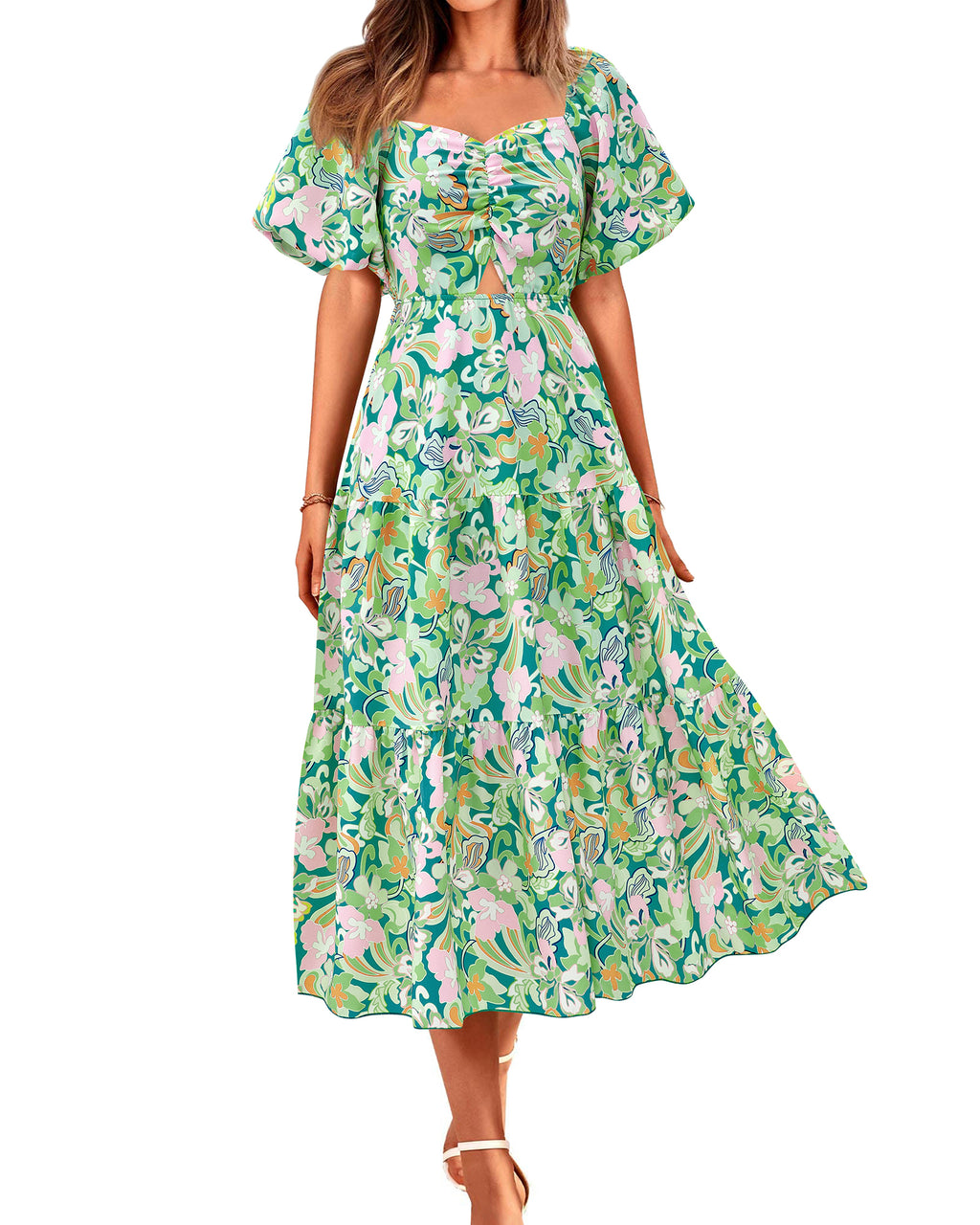 BTFBM Summer Dresses for Women 2026 Spring Outfits Beach Vacation Short Sleeve Smocked Boho Casual Floral Maxi Dress
