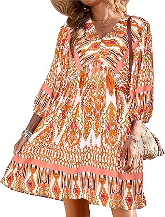 BTFBM Women Casual Spring Summer Dresses V Neck 3/4 Long Sleeve Ruffle Floral Flowy Boho Babydoll Mini Short Beach Dress