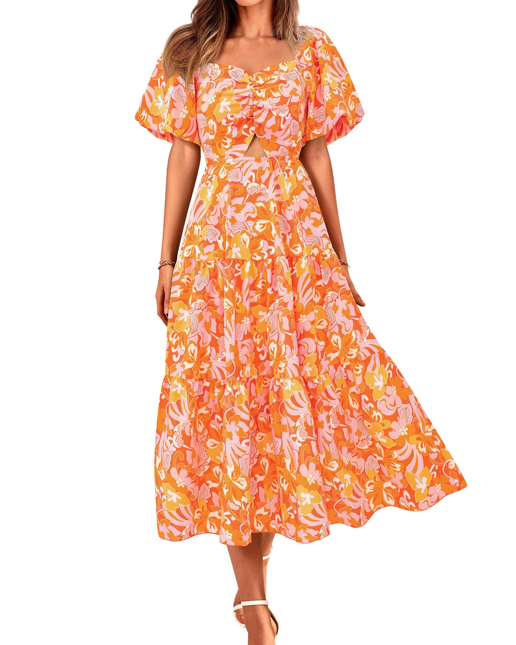 BTFBM Summer Dresses for Women 2026 Spring Outfits Beach Vacation Short Sleeve Smocked Boho Casual Floral Maxi Dress