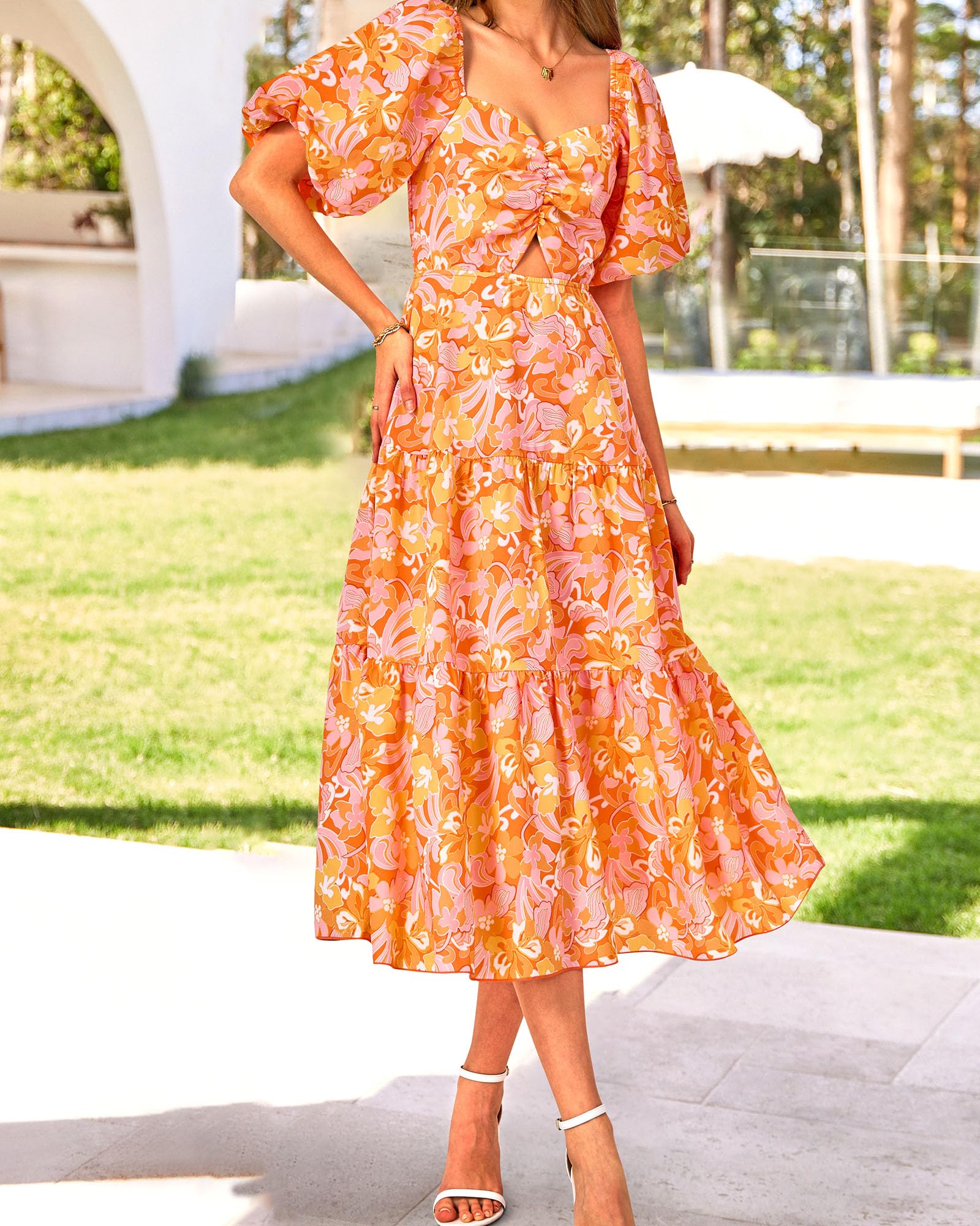 BTFBM Summer Dresses for Women 2026 Spring Outfits Beach Vacation Short Sleeve Smocked Boho Casual Floral Maxi Dress