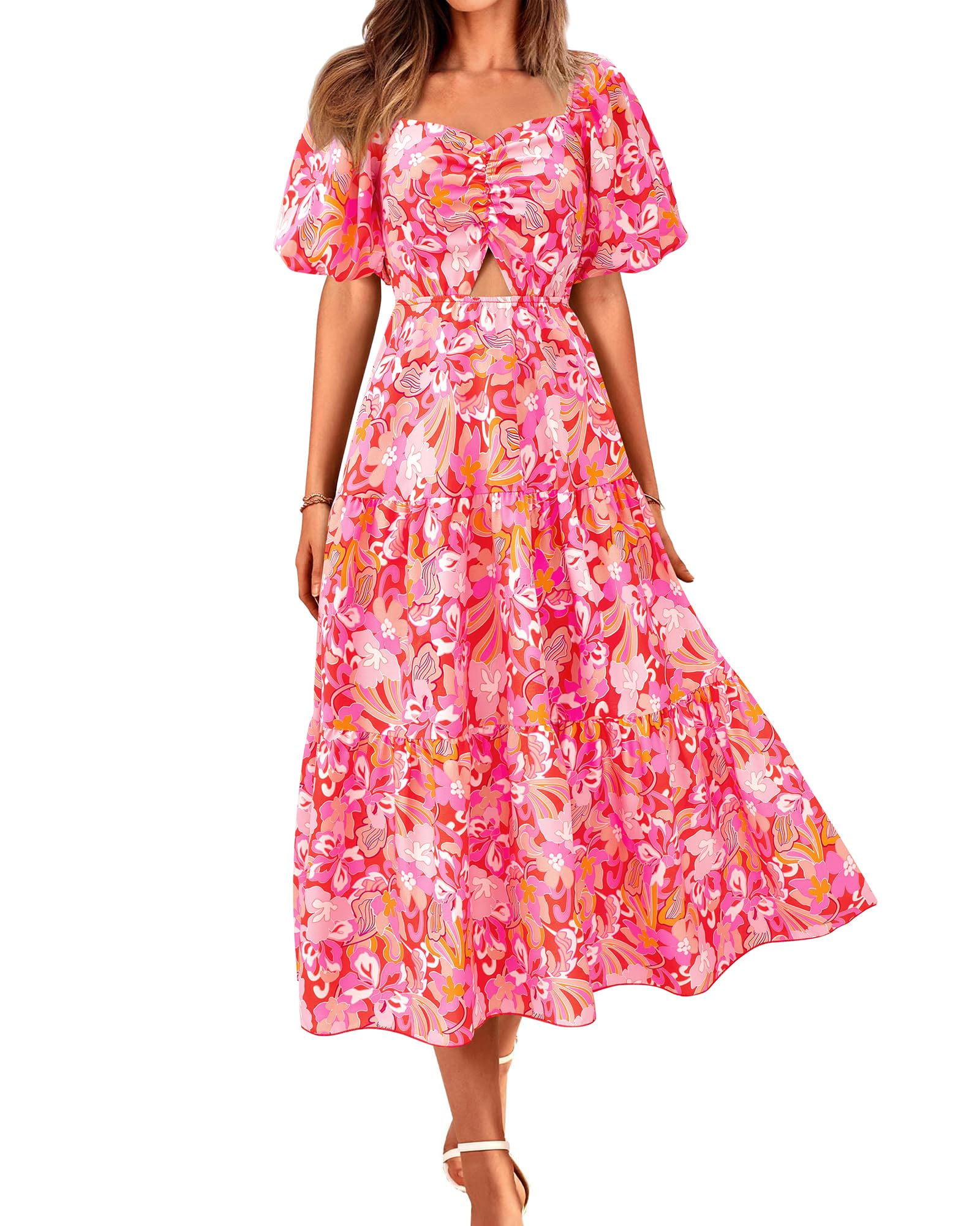 BTFBM Summer Dresses for Women 2026 Spring Outfits Beach Vacation Short Sleeve Smocked Boho Casual Floral Maxi Dress