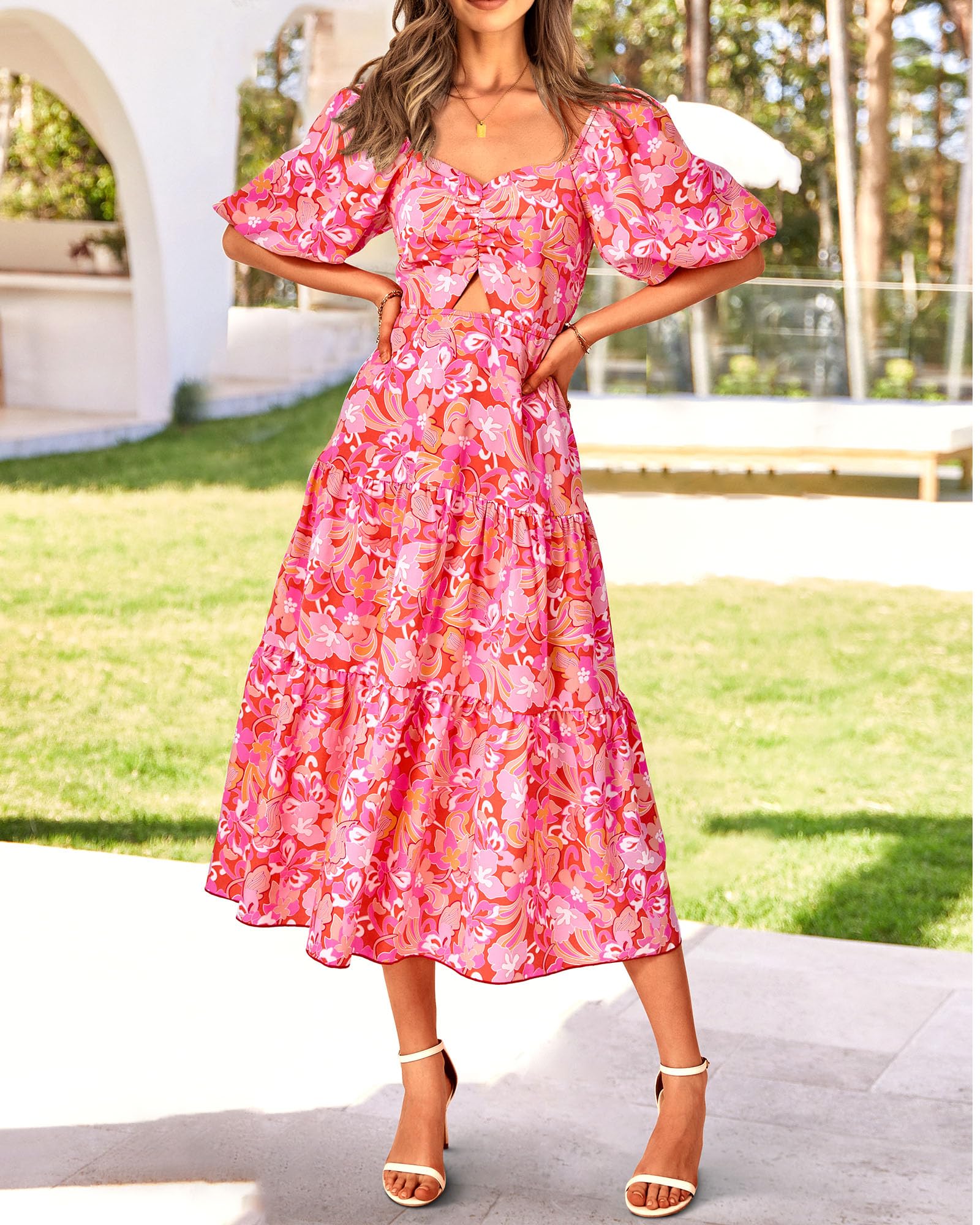 BTFBM Summer Dresses for Women 2026 Spring Outfits Beach Vacation Short Sleeve Smocked Boho Casual Floral Maxi Dress