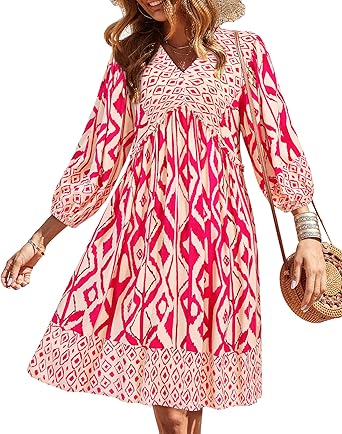 BTFBM Women Casual Spring Summer Dresses V Neck 3/4 Long Sleeve Ruffle Floral Flowy Boho Babydoll Mini Short Beach Dress