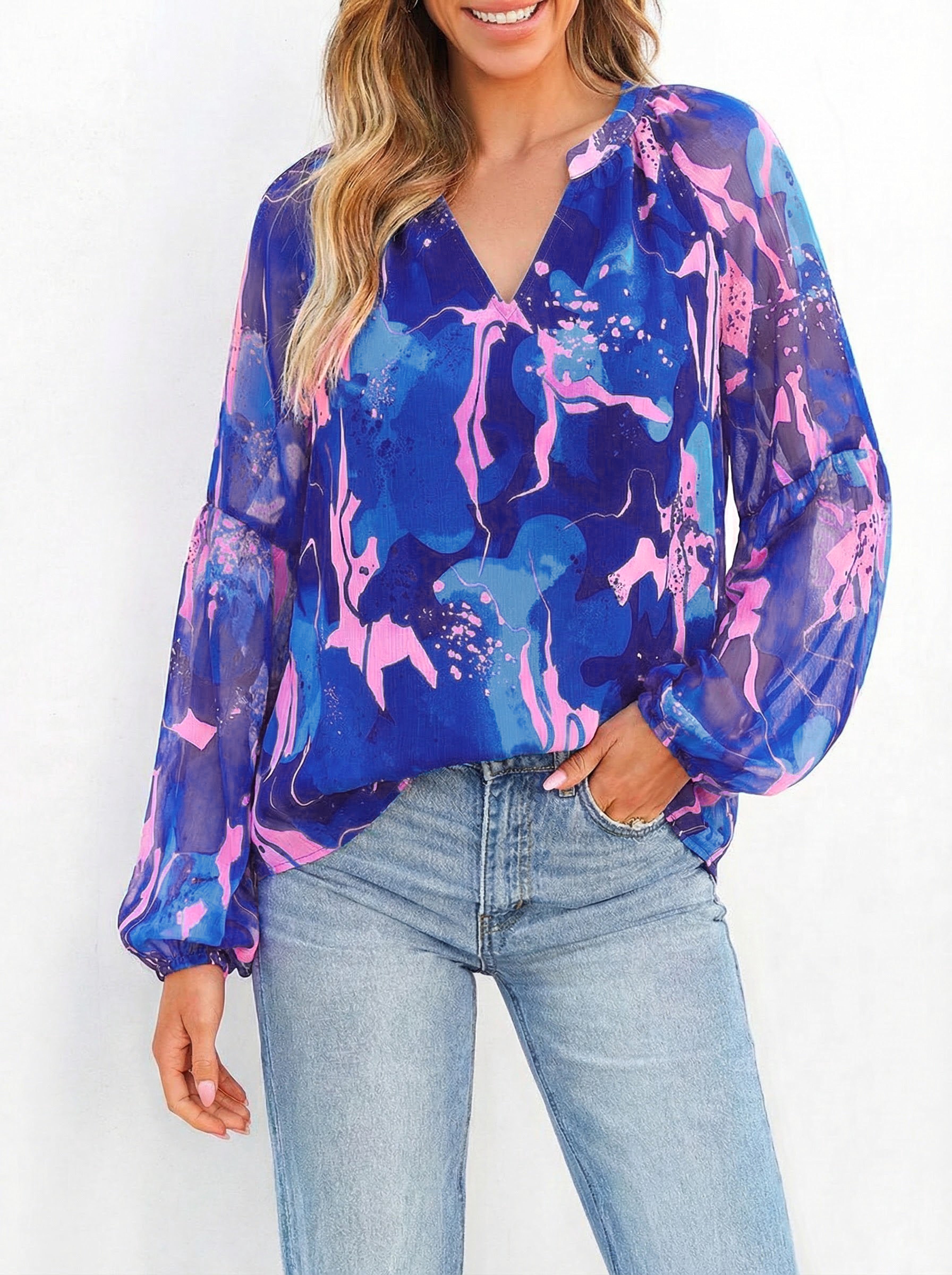 BTFBM Blouses for Women Dressy Casual Floral Summer Boho Tops V Neck Lightweight Long Sleeve Shirts Spring Clothes 2026