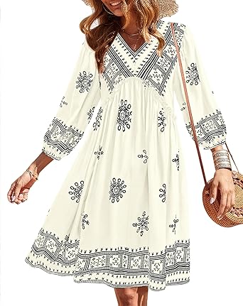 BTFBM Women Casual Spring Summer Dresses V Neck 3/4 Long Sleeve Ruffle Floral Flowy Boho Babydoll Mini Short Beach Dress