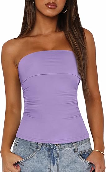 BTFBM Womens Strapless Tube Tops Spring Summer Clothes 2026 Trendy Casual Ruched Stretchy Going Out Bodycon Bandeau Top