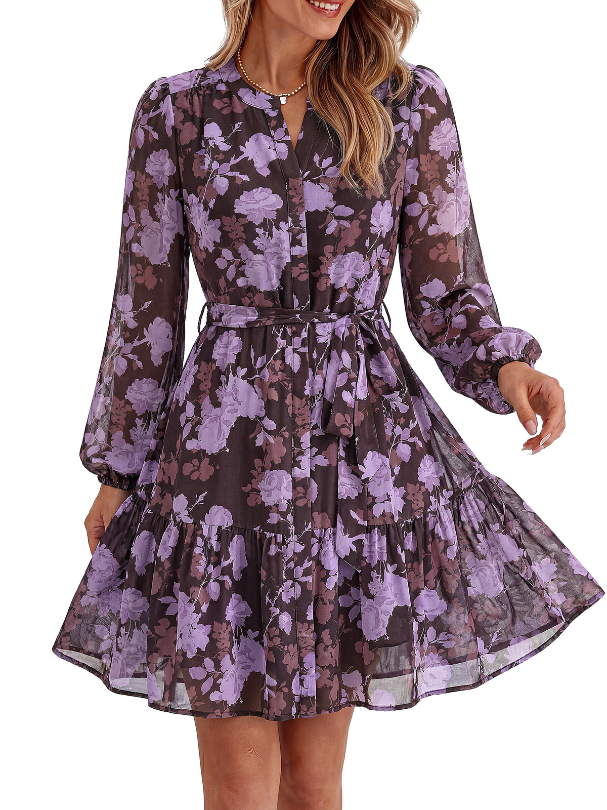 BTFBM Womens Dresses Fall Chiffon Floral V Neck Long Sleeve Mini Dress  | Hidden Button Down, Flowy A Line Boho Casual Dress, Fashion Clothing 2026, Cocktail Party Holiday Wedding Guest Dresses
