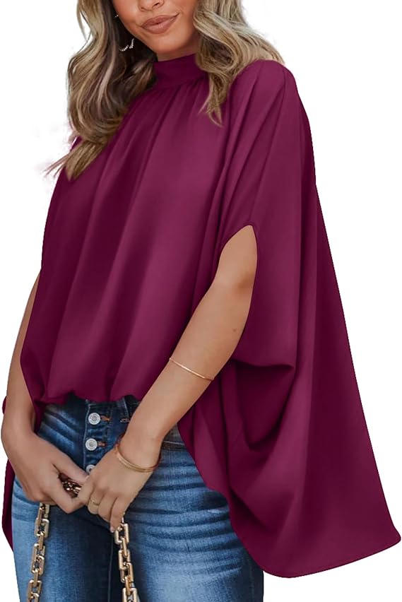 BTFBM Womens Summer Tops 2026 Mock Neck Batwing Sleeve Silk Satin Shirts Loose Oversized Dressy Casual Spring Blouses