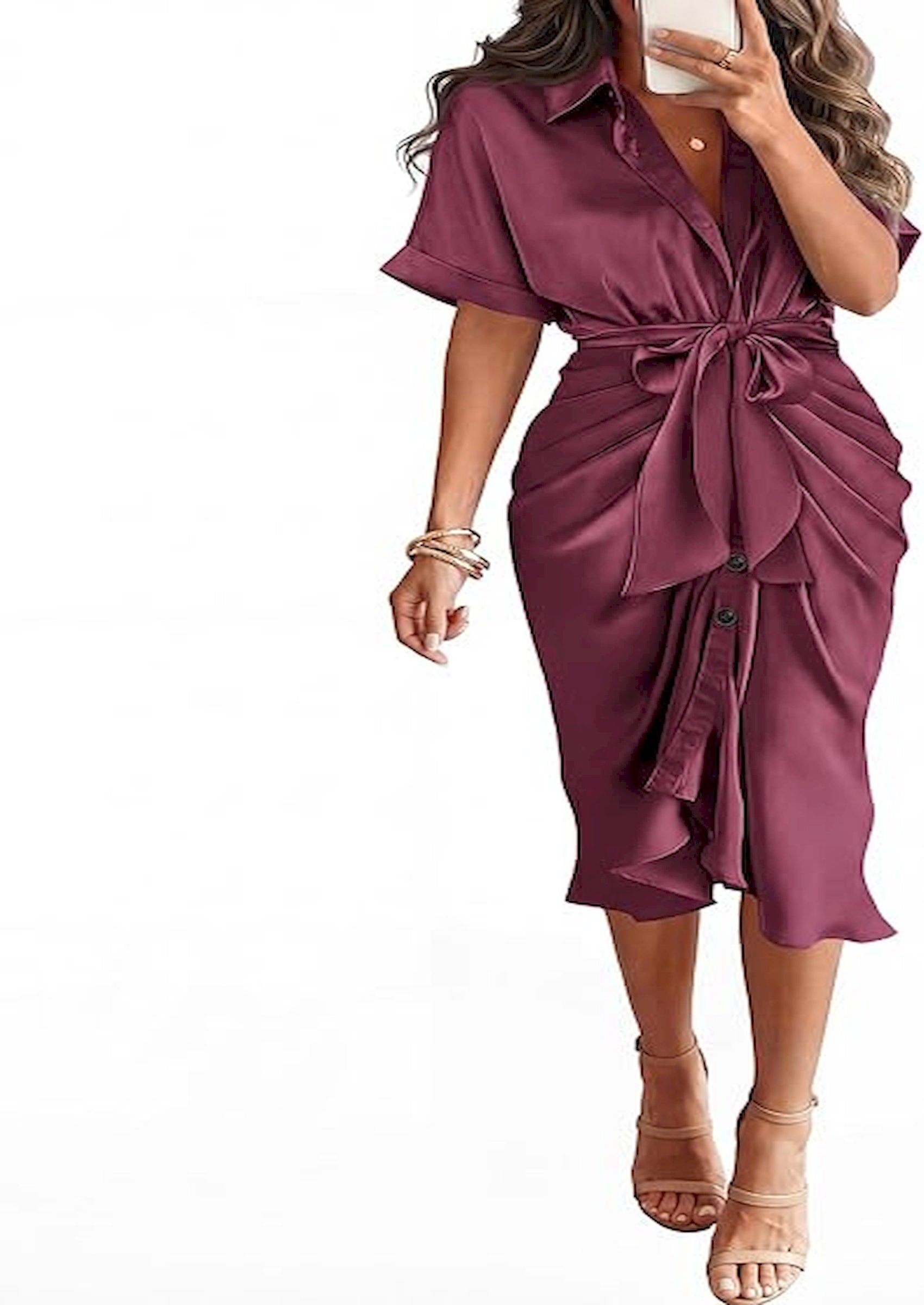 BTFBM Dresses for Women Summer Button Short Sleeve Silk Satin Ruched Spring Maxi Dress 2026 Cocktail Party Wedding