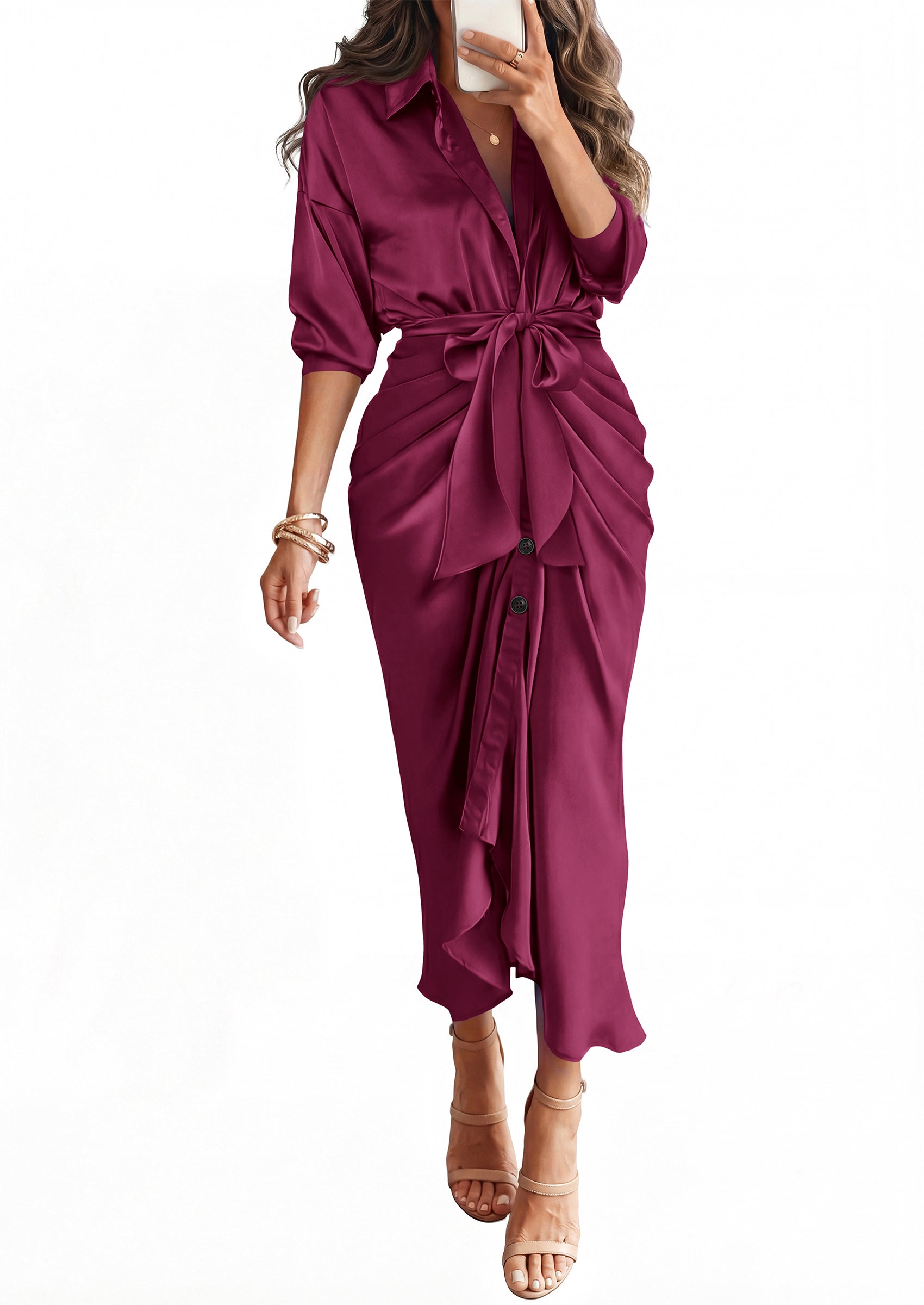 BTFBM Summer Dresses for Women 2026 Long Sleeve V Neck Button Down Elegant Belted Ruched Satin Silk Shirt Fall Dress