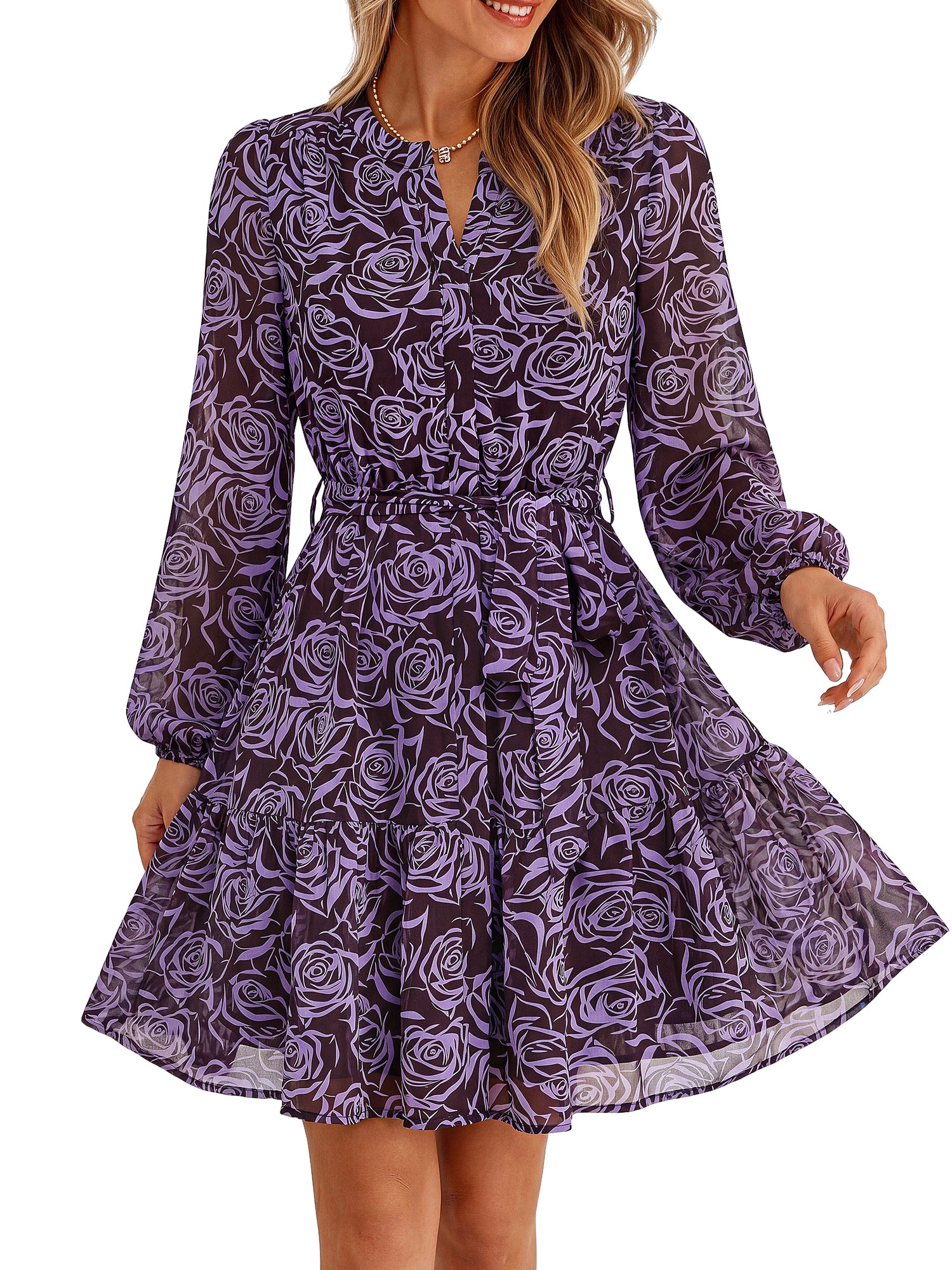 BTFBM Womens Dresses Fall Chiffon Floral V Neck Long Sleeve Mini Dress  | Hidden Button Down, Flowy A Line Boho Casual Dress, Fashion Clothing 2026, Cocktail Party Holiday Wedding Guest Dresses