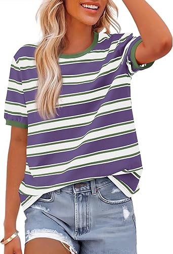 BTFBM Summer Tops for Women 2025 Crewneck Short Sleeve Striped T Shirts Casual Spring Clothes Color Block Basic Tee Blouses