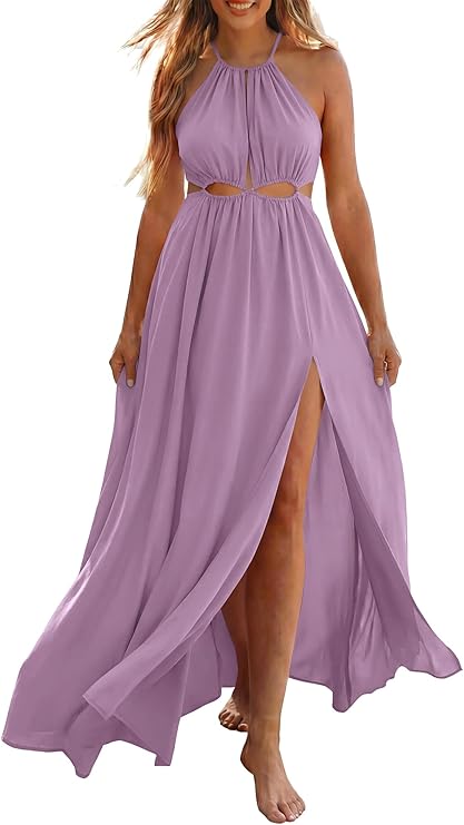 BTFBM Women Halter Summer Dresses 2026 Sleeveless Cutout Backless Sundress Slit Boho Maxi Beach Wedding Guest Dress