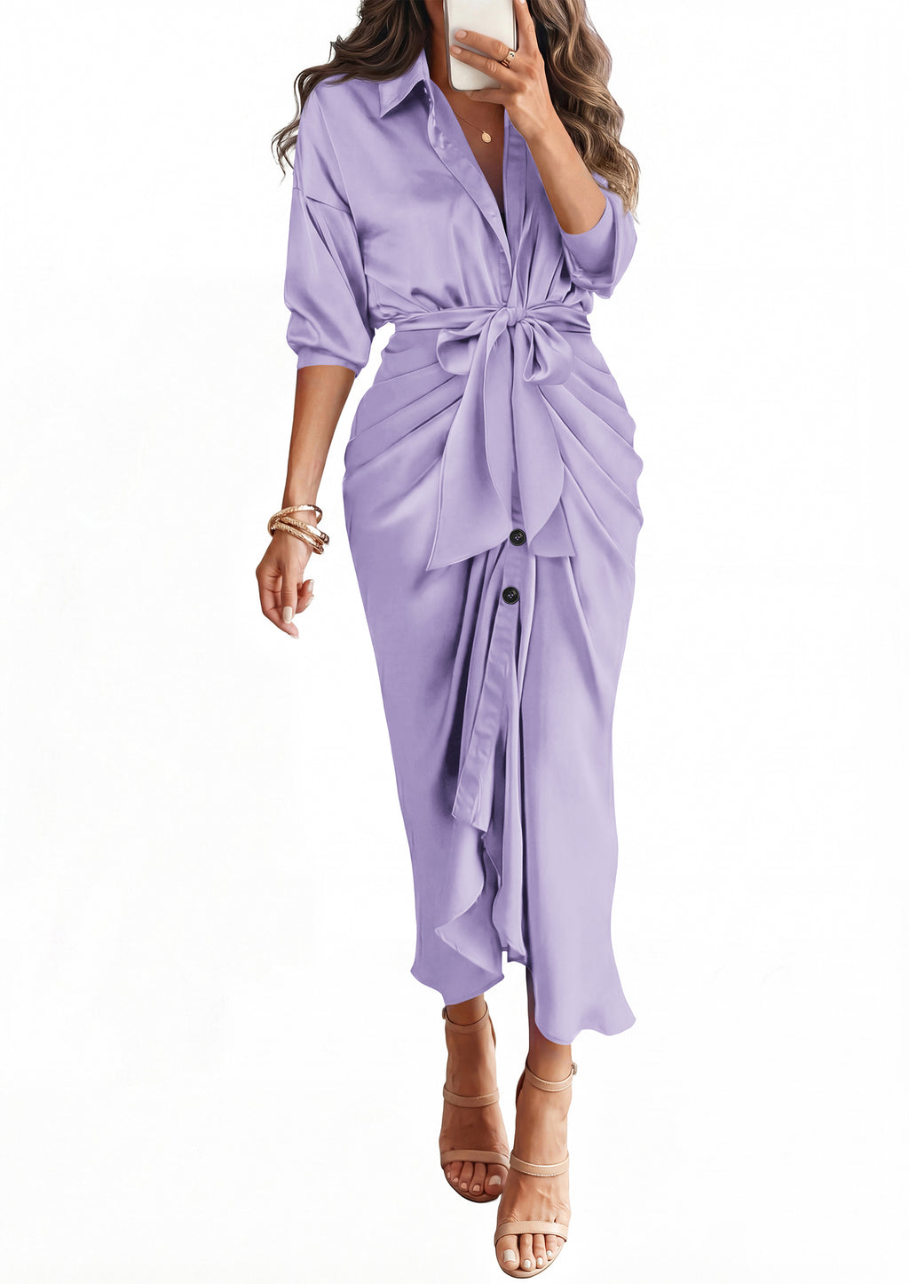 BTFBM Summer Dresses for Women 2026 Long Sleeve V Neck Button Down Elegant Belted Ruched Satin Silk Shirt Fall Dress