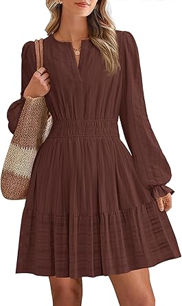 BTFBM Mini Dresses for Women 2025 Casual Lightweight Long Sleeve V Neck A Line Elastic Waist Party Holiday Dress