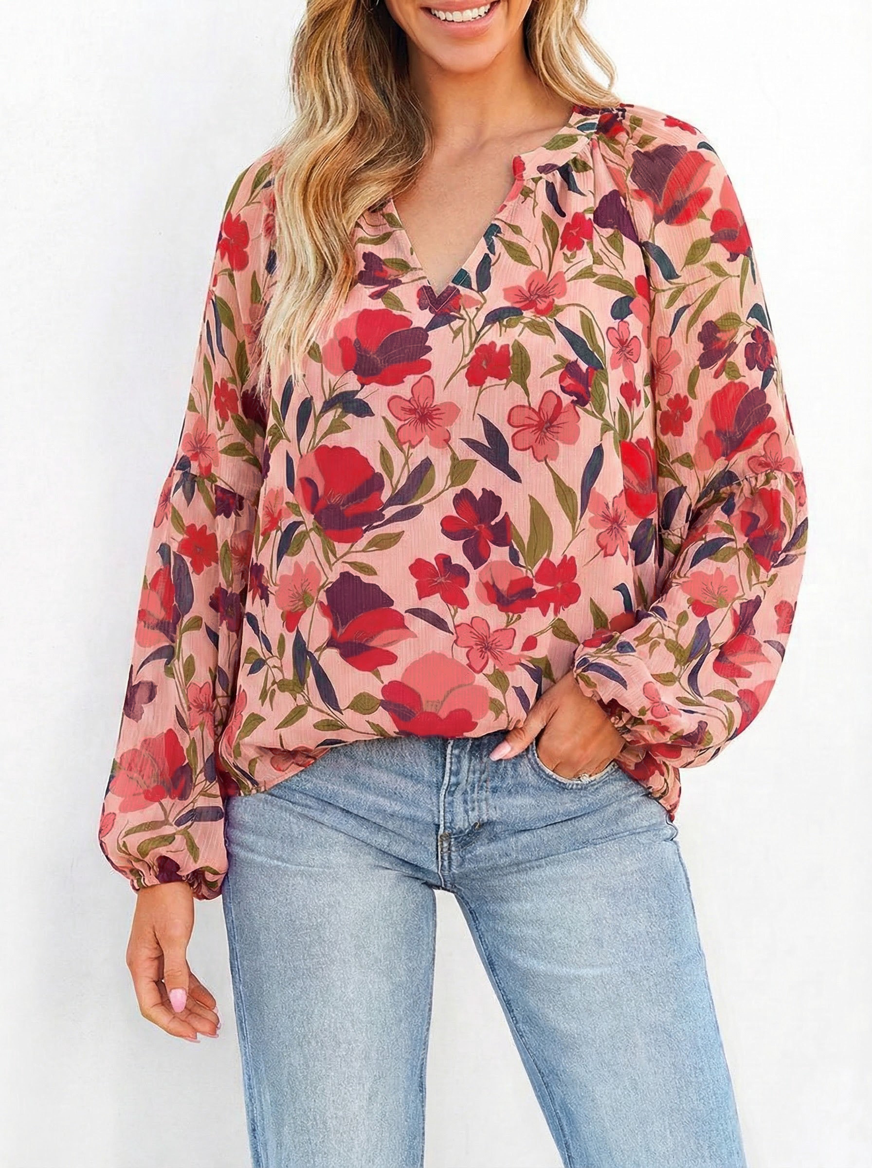 BTFBM Blouses for Women Dressy Casual Floral Summer Boho Tops V Neck Lightweight Long Sleeve Shirts Spring Clothes 2026