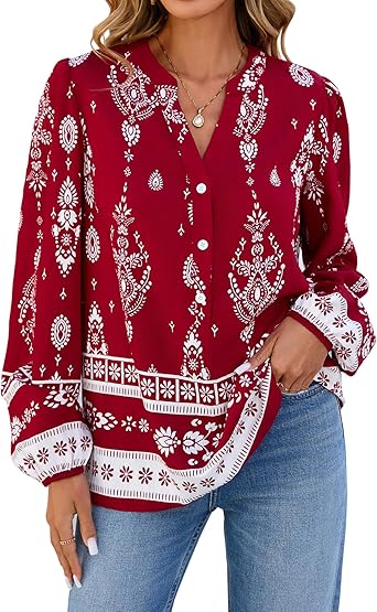 BTFBM Womens Tops Spring Casual Long Sleeve Shirts Button Up V Neck Bohemian Blouses Loose Tunics Vacation Outfits