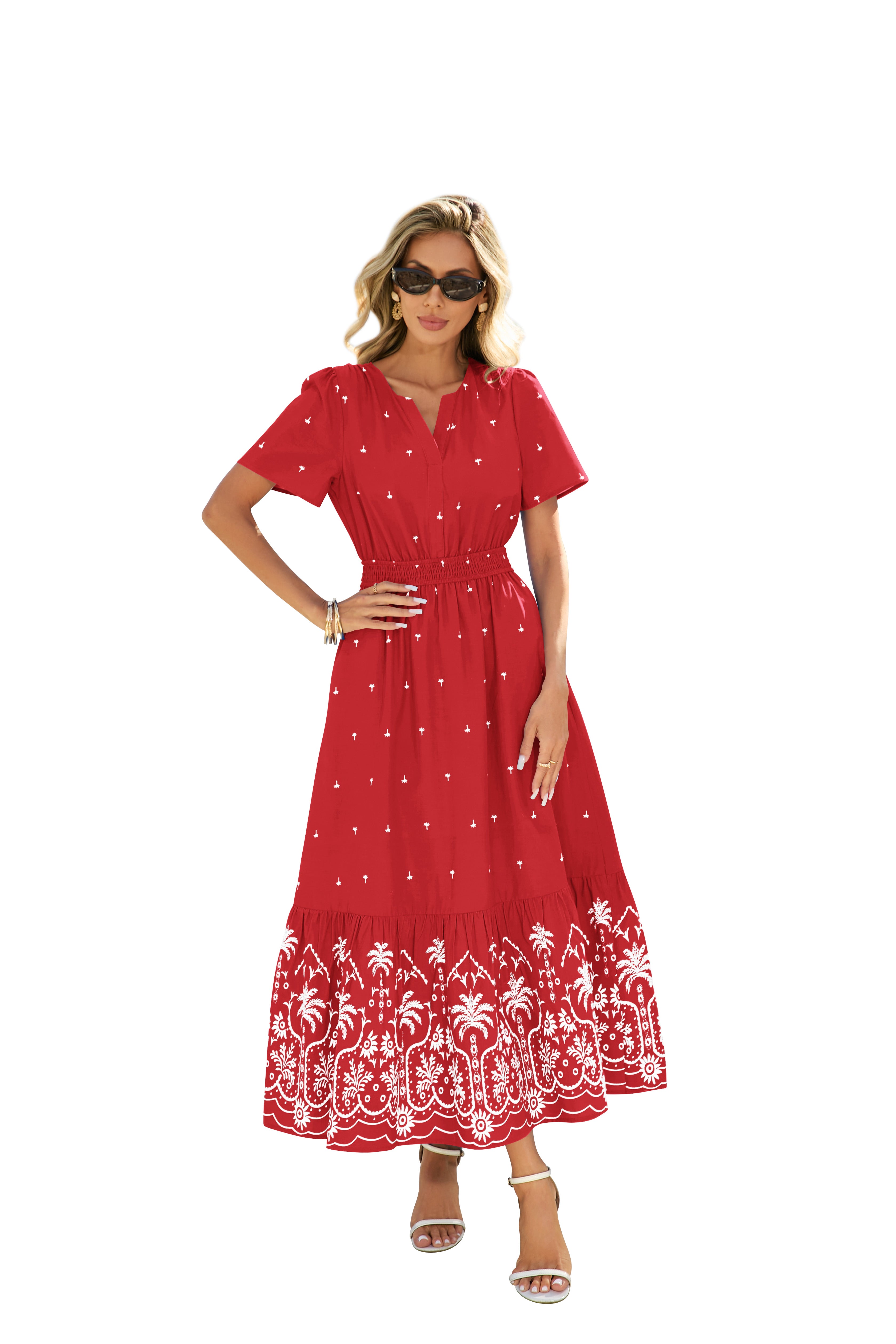 BTFBM Womens Summer Dresses 2026 Casual Short Sleeve Elastic Waist Flowy Beach Vacation Floral Boho Maxi Dress Pockets