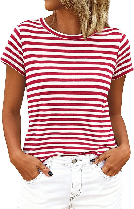 BTFBM Tops for Women Trendy Summer 2026 Crew Neck Short Sleeve T Shirts Striped Casual Vacation Blouse Loose Basic Tee