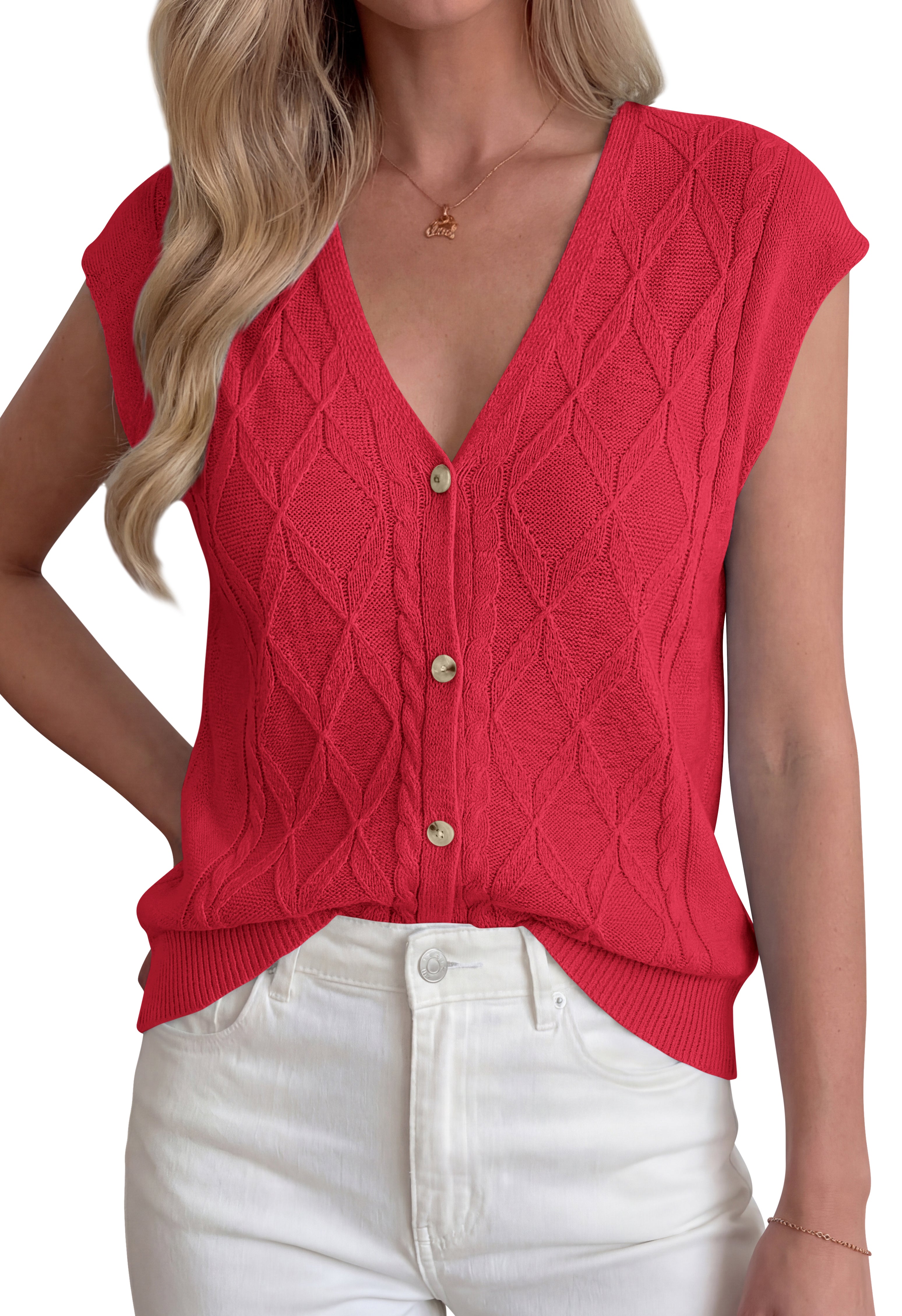BTFBM Sweater Vest Women V Neck Cap Sleeve Button Down Knit Tops Spring Summer 2026 Casual Lightweight Cardigan Vests
