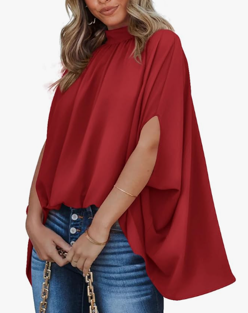 BTFBM Womens Summer Tops 2026 Mock Neck Batwing Sleeve Silk Satin Shirts Loose Oversized Dressy Casual Spring Blouses