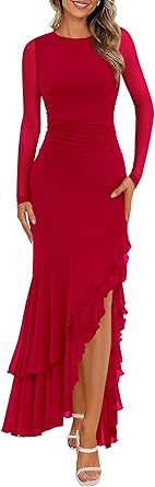 BTFBM Women's Maxi Dresses Spring 2026 Long Sleeve Ruched Bodycon Solid Ruffle Mermaid Cocktail Wedding Guest Dress