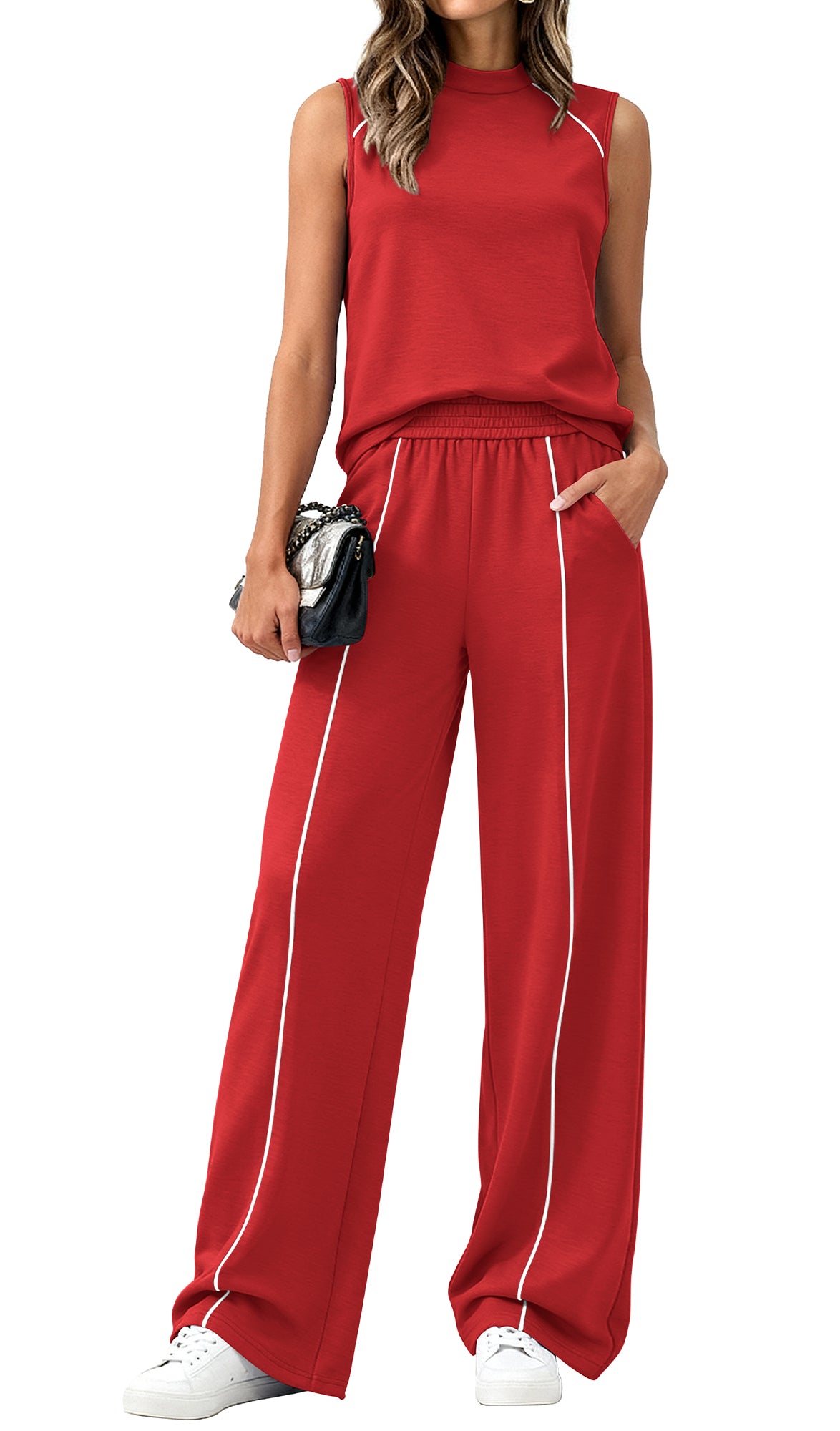 BTFBM Two Piece Sets for Women Summer Outfits 2026 Lounge Sets Mock Neck Tops Wide Leg Pants Travel Fashion Clothing