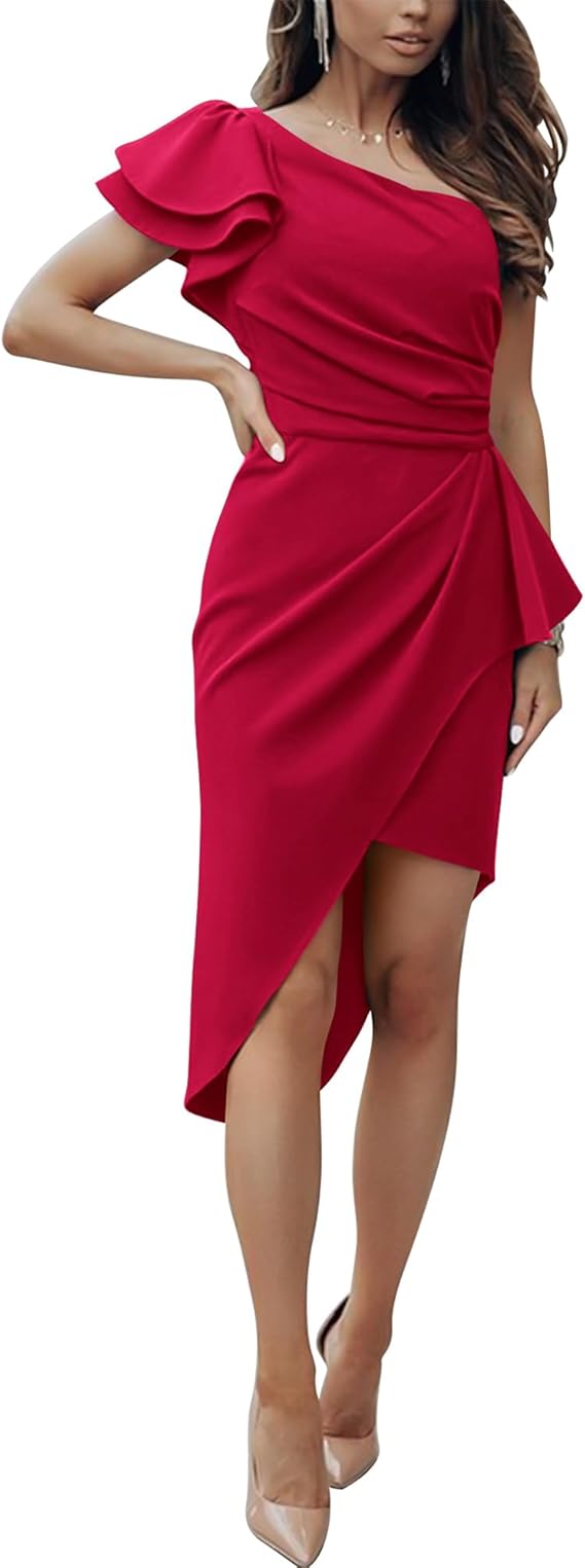 BTFBM Women 2026 Summer Fashion Elegant One Shoulder Cocktail Dress Ruffle Sleeve Wrap Ruched Bodycon Short Party Dresses