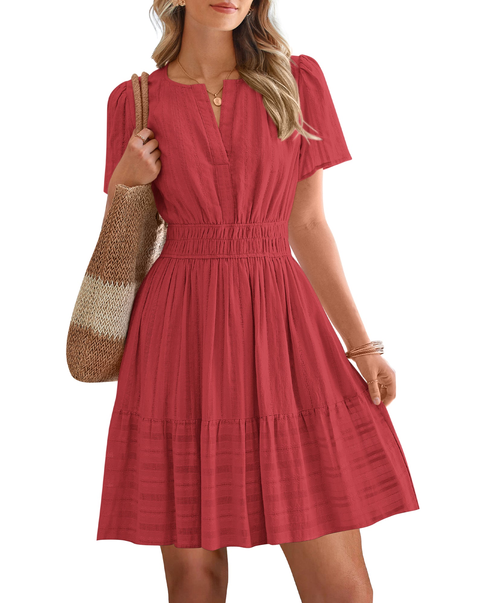 BTFBM Womens Spring 2026 Casual Mini Dresses Lightweight Short Sleeve V Neck Elastic Waist Cute Boho Beach Dress Pockets