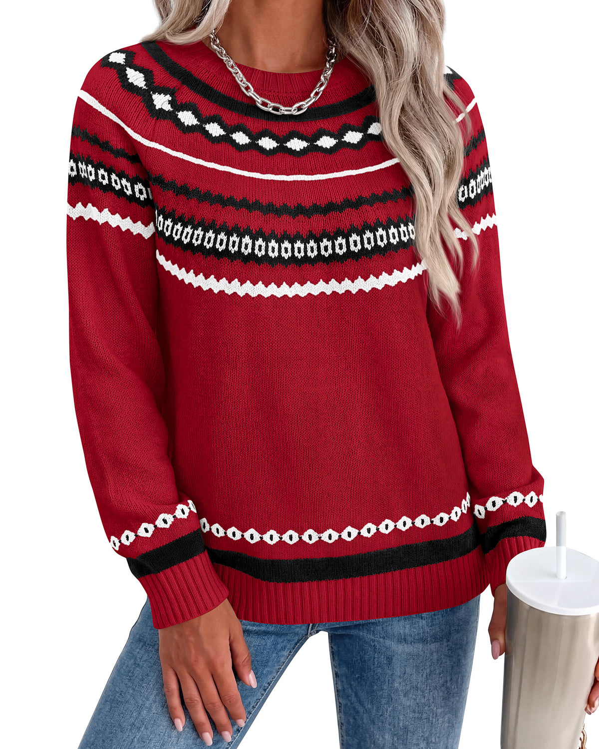 BTFBM Womens Sweaters Fall 2026 Casual Long Sleeve Sweater | Fair Isle,Stretchy,Lightweight, Crew Neck, Ribbed Hem,Long Sleeve Knit Pullover, Chunky Sweaters, Loose Tops, Fashion Clothes