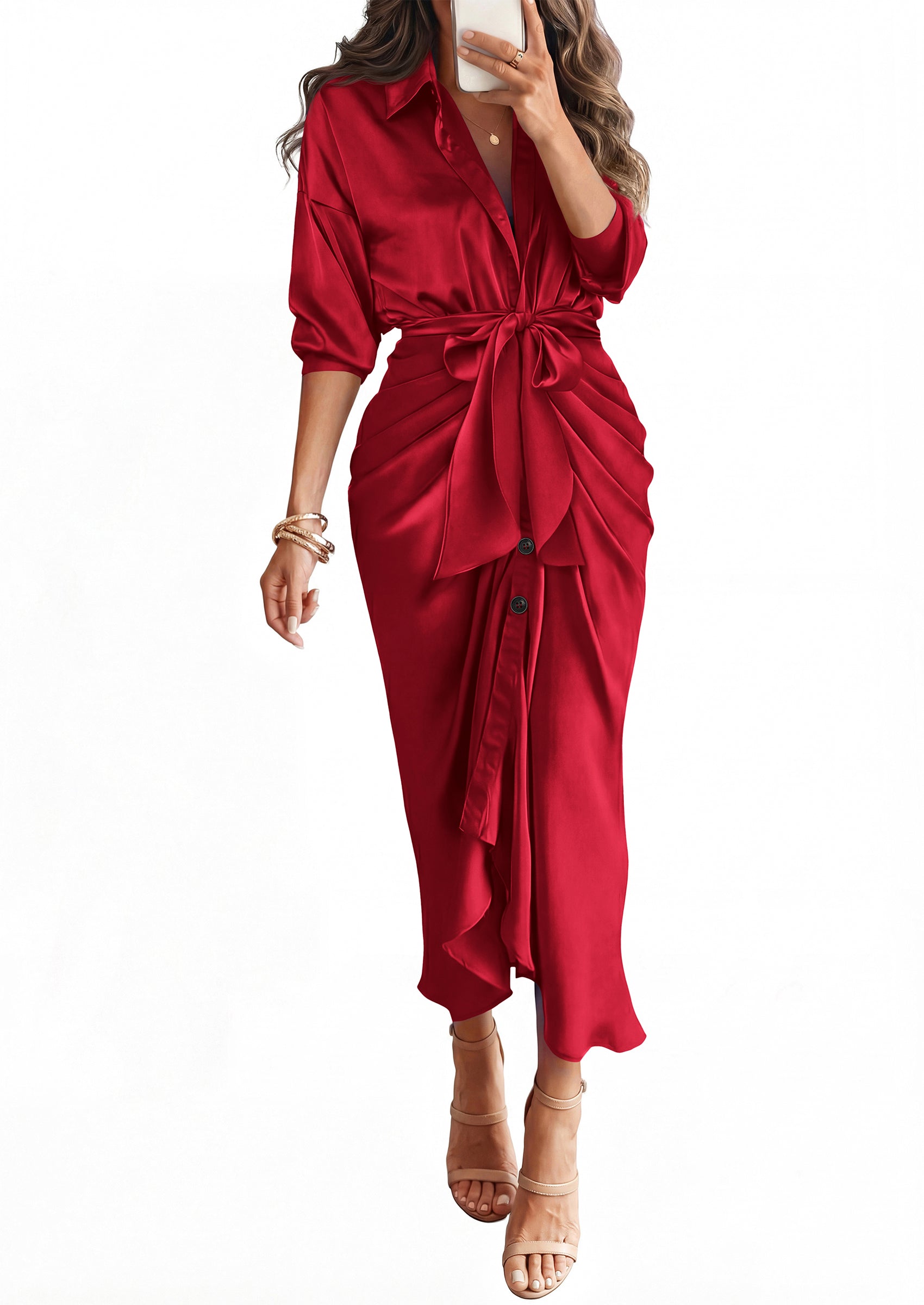 BTFBM Summer Dresses for Women 2026 Long Sleeve V Neck Button Down Elegant Belted Ruched Satin Silk Shirt Fall Dress