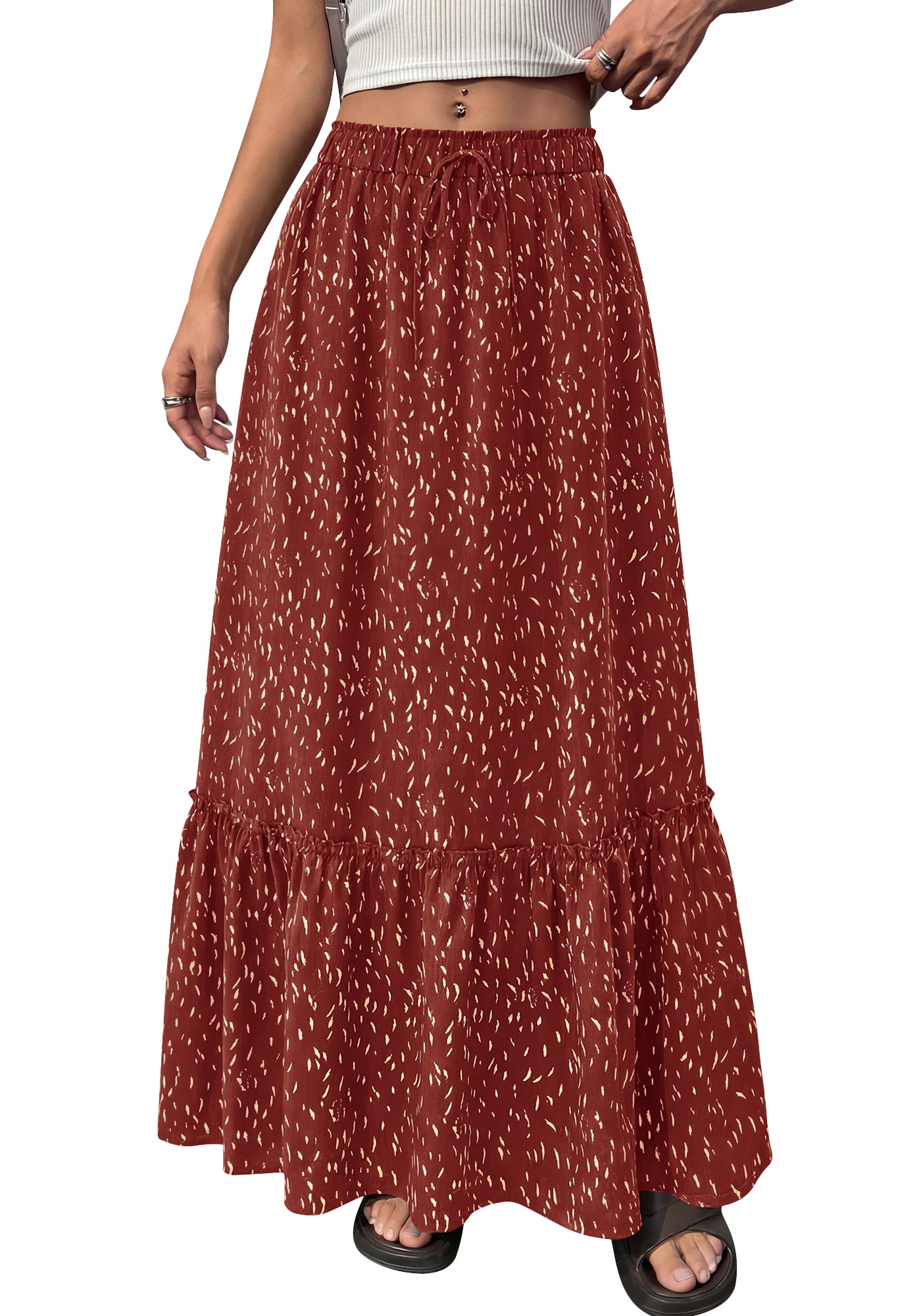 BTFBM Womens Boho Maxi Skirt 2026 Summer Floral High Waisted Flowy Tiered Long Spring Beach Vacation Skirts Pockets