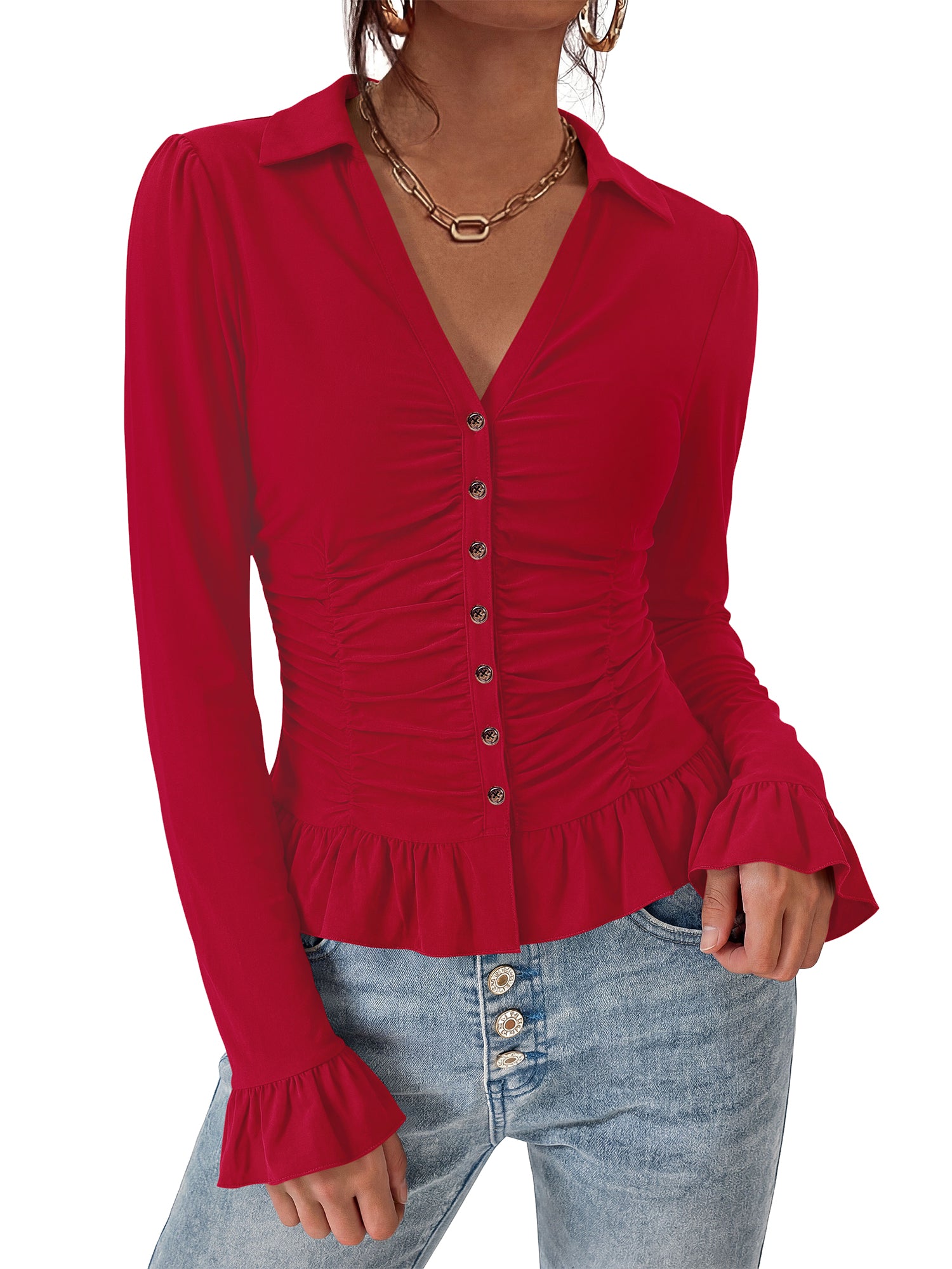 BTFBM Fitted Button Down Shirts for Women Dressy Casual Tops | Collar V Neck Long Sleeve Ruched Tops, Stretchy Ruffle Blouses, Fall Fashion Clothing 2026, Work Date Night Going Out Outfits