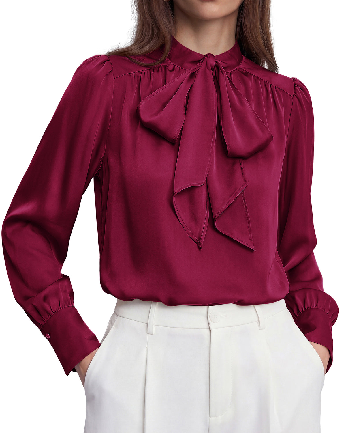 BTFBM Women Satin Blouses Bow Tie Work Business Casual Tops | Ruched Button Cuff Long Sleeve Top, Dressy Silk Blouse, Elegant Daily Professional Office Clothes, Early Fall Fashion 2026