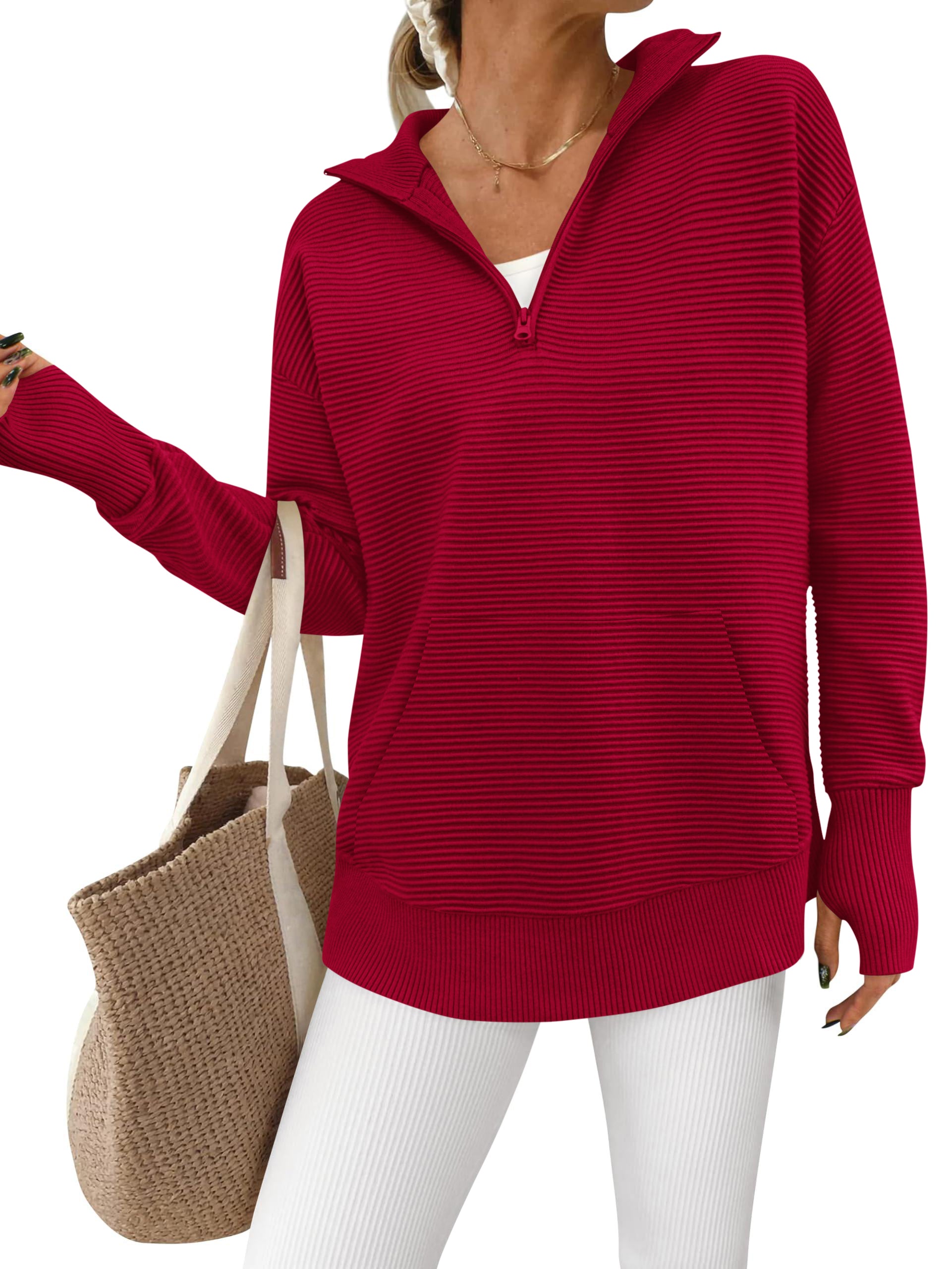 BTFBM Sweaters for Women Fall Clothes 2026 Pocket Quarter Zip Pullover V Neck Long Sleeve Knit Trendy Winter Sweater