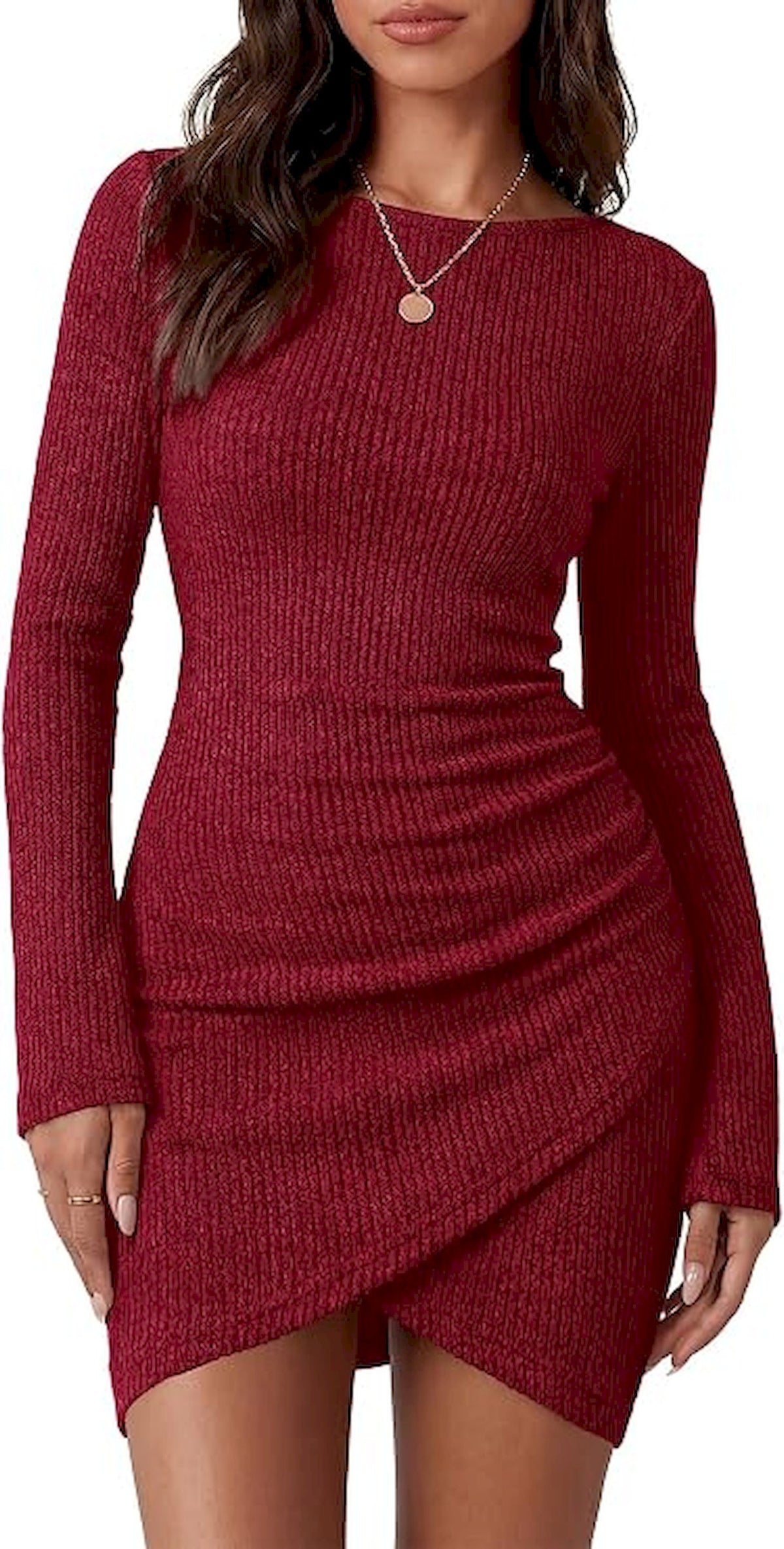 BTFBM Womens Long Sleeve Bodycon Mini Dress | Ruched,Ribbed,Crew Neck,Homecoming Cocktail Dresses,Fall Winter Clothing 2026