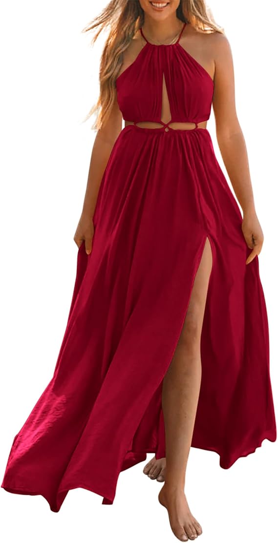 BTFBM Women Halter Summer Dresses 2026 Sleeveless Cutout Backless Sundress Slit Boho Maxi Beach Wedding Guest Dress